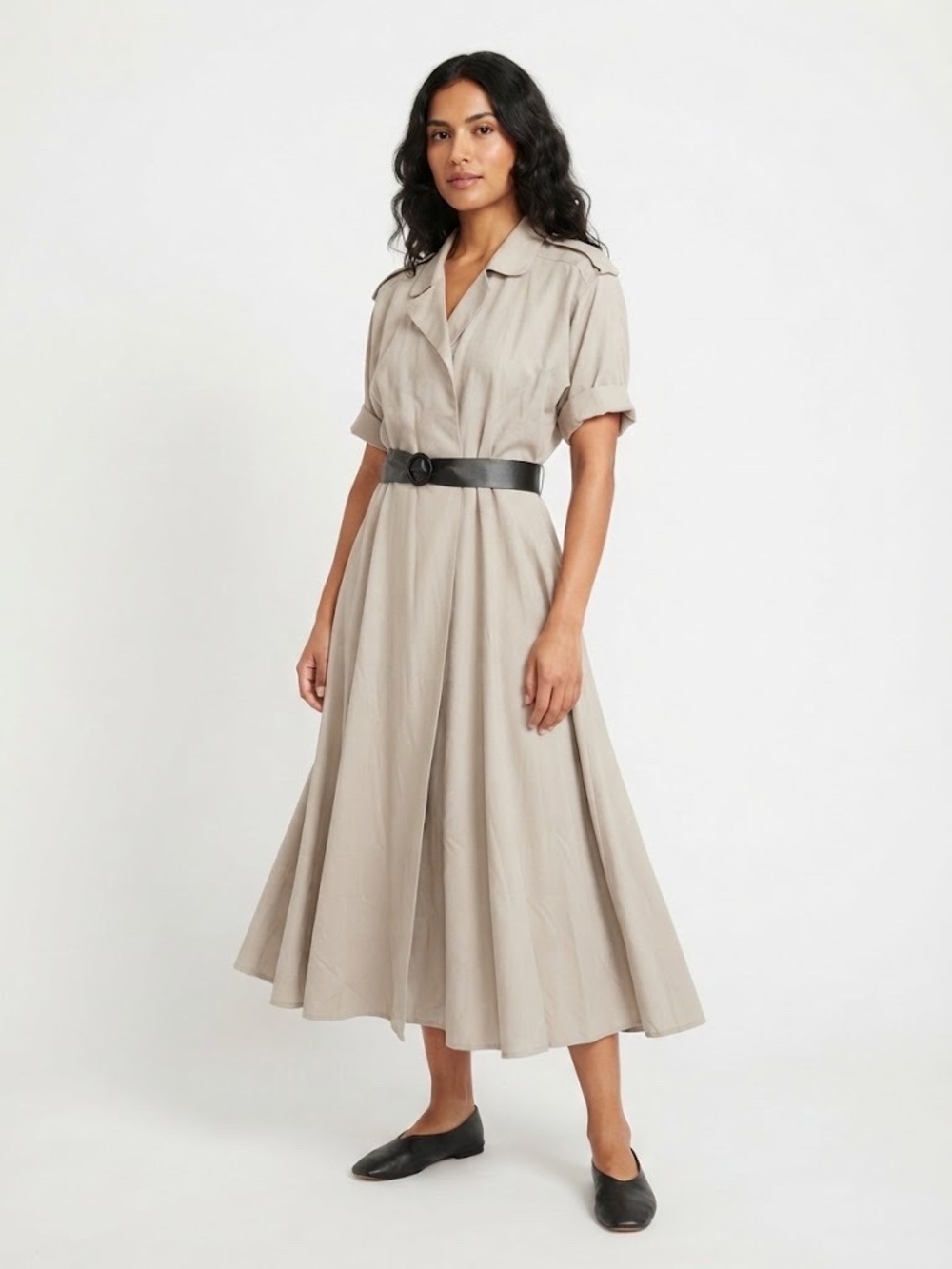 Vintage Murray Meisner Beige Trench Dress Midi Shirt Dress with Belt Size 8